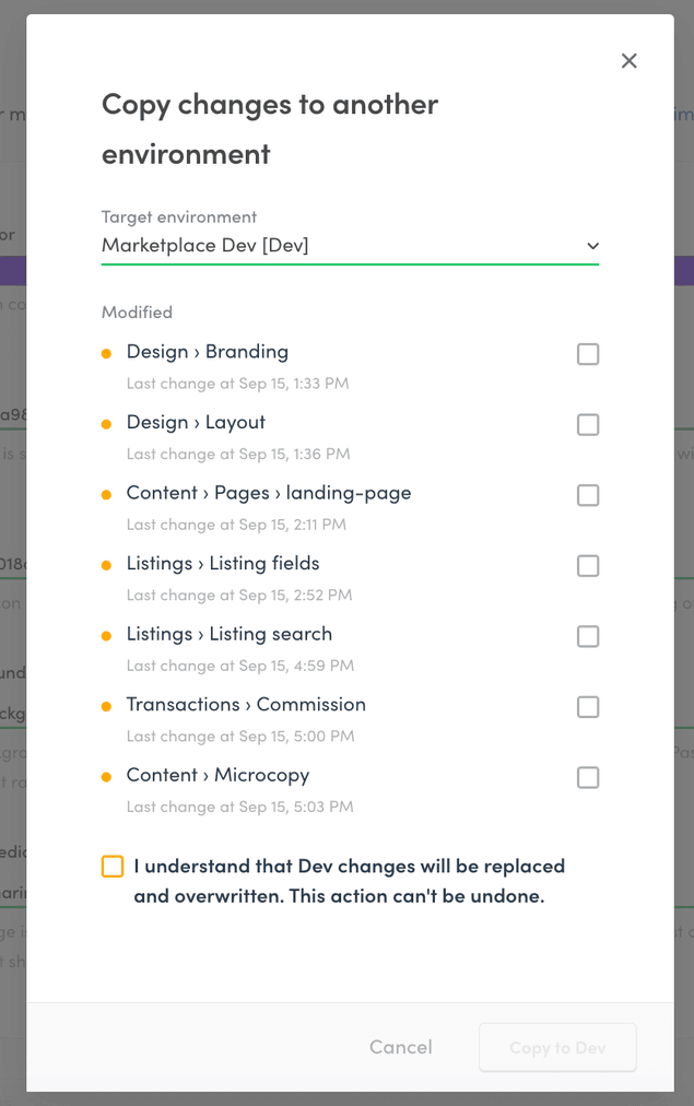 Copy changes modal